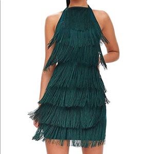 Open Back fringed cocktail Gatsby dress-Green S